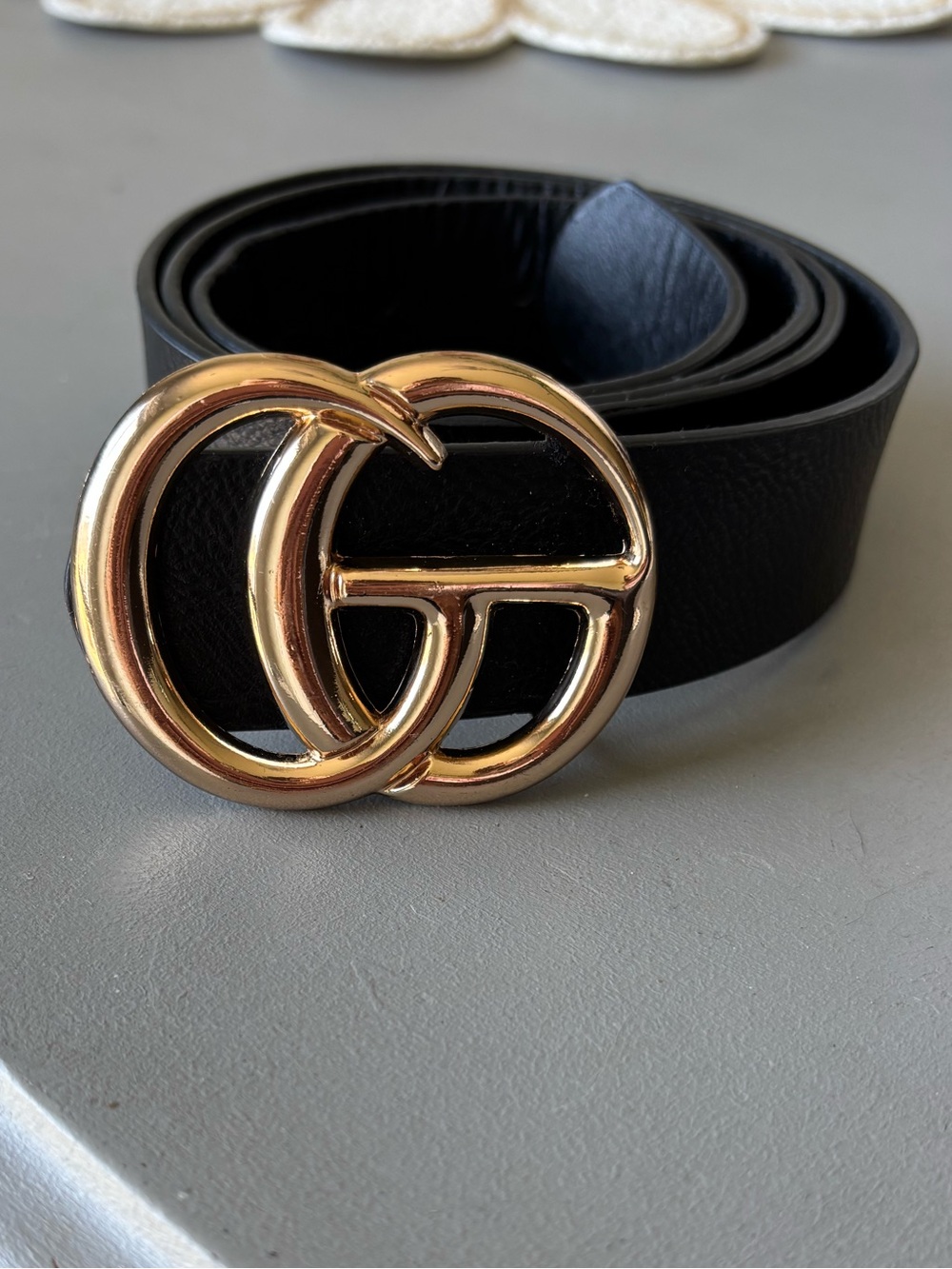 GC Buckle Black Faux Leather Belt